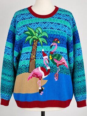Jolly Sweaters XXL Flamingo Ugly Christmas Sweater Tropical Palm Tree Holiday